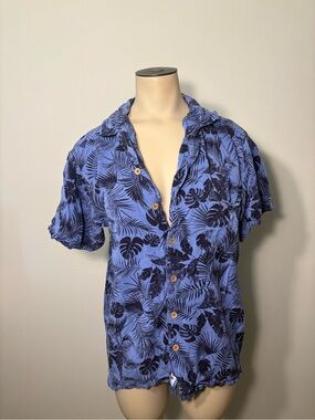 Men's Navy Leaf-Print Short Sleeve Button-Down Shirt - Blue